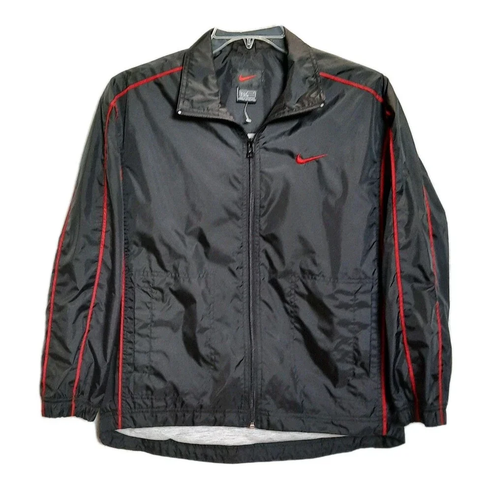 VTG NIKE Track Jacket Black & Red Piping  Lined Y2K Sportswear Youth Large 14/16